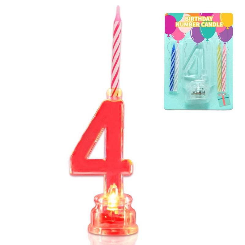 Novelty Place Birthday Number Candle Set, Flashing Multicolor Changing LED Birthday Cake Topper with 4 Wax Candles (Number 4) - Image 1